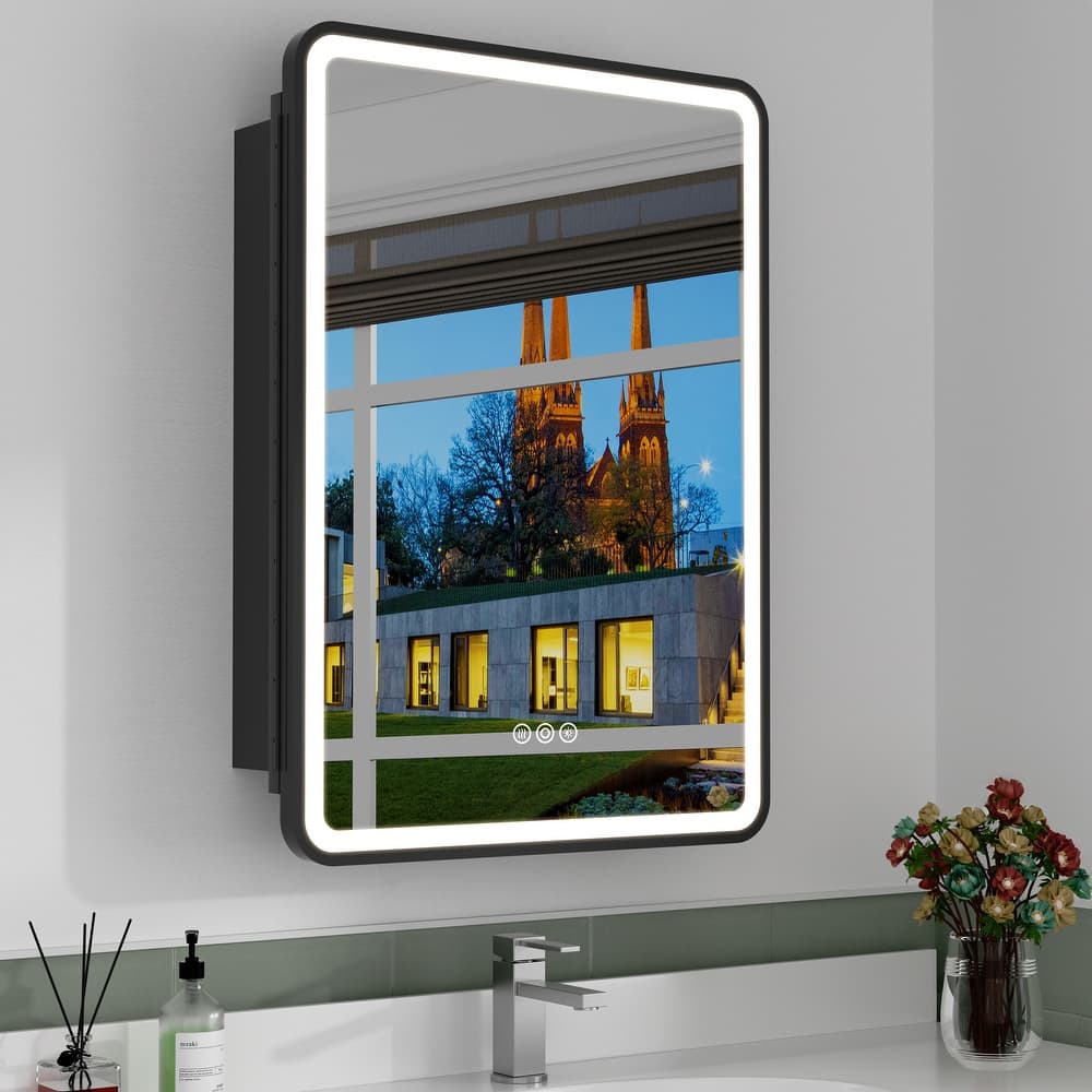 Milo LED Iron Medicine Cabinet with Mirror, Dimmable, Anti-fog, Adjustable Glass Shelves, Recessed or Surface Mount