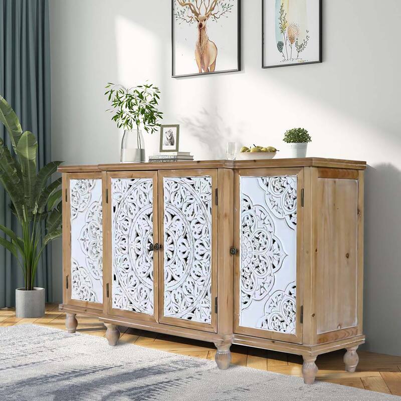 4-Door Hollow-Carved Accent Cabinet, Distressed Wood Storage Cabinet Cupboard with adjustable shelves,unique design,Natural wood
