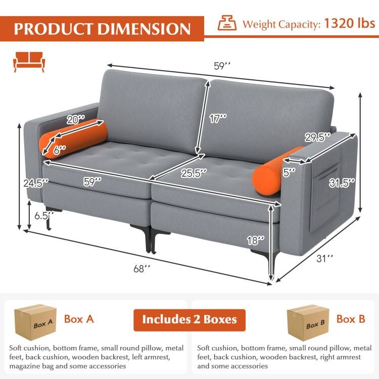 Modern Loveseat Sofa with 2 Bolsters and Side Storage Pocket - 68" x 31" x 31.5" (L x W x H)