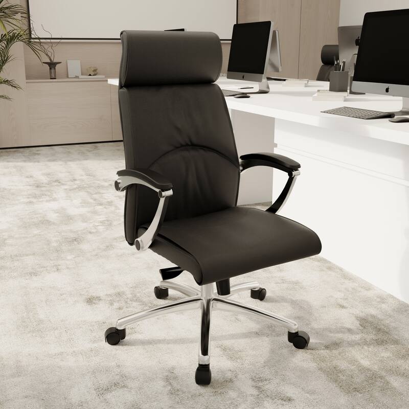 Leather Upholstered High-Back Office Chair Swivel Tilt Aluminum Frame Adjustable Conference Desk Chair for Computer - Black