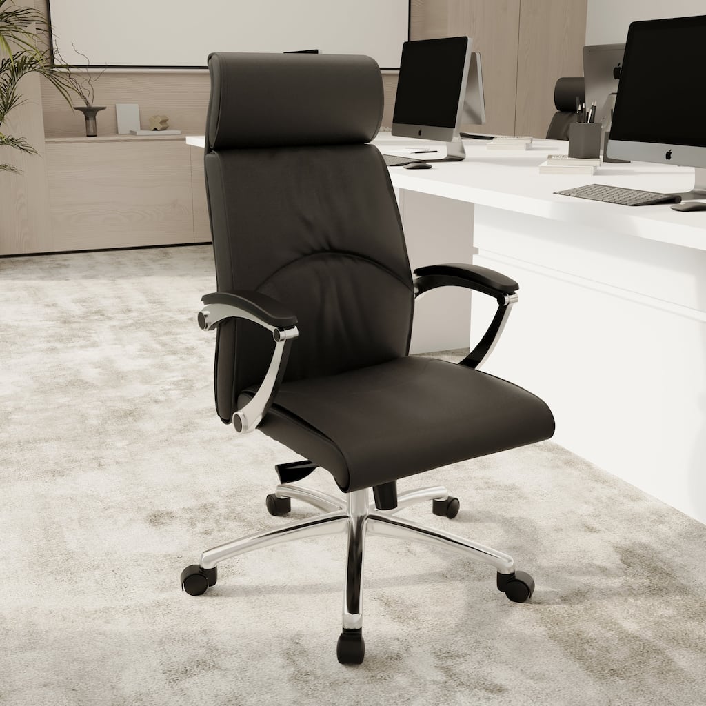Leather Upholstered High-Back Office Chair Swivel Tilt Aluminum Frame Adjustable Conference Desk Chair for Computer