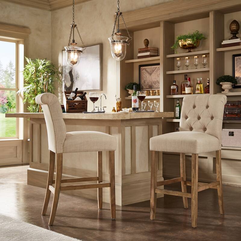 Benchwright Premium Tufted Rolled Back Counter/ Bar Height Stools (Set of 2) by iNSPIRE Q Artisan - Light Distressed Finish Beige Linen - Bar Height