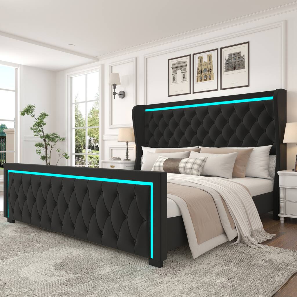 King Platform Bed Frame With High headboard, Velvet Upholstered Bed , Adjustable Colorful LED Light, Wide Wingbacks