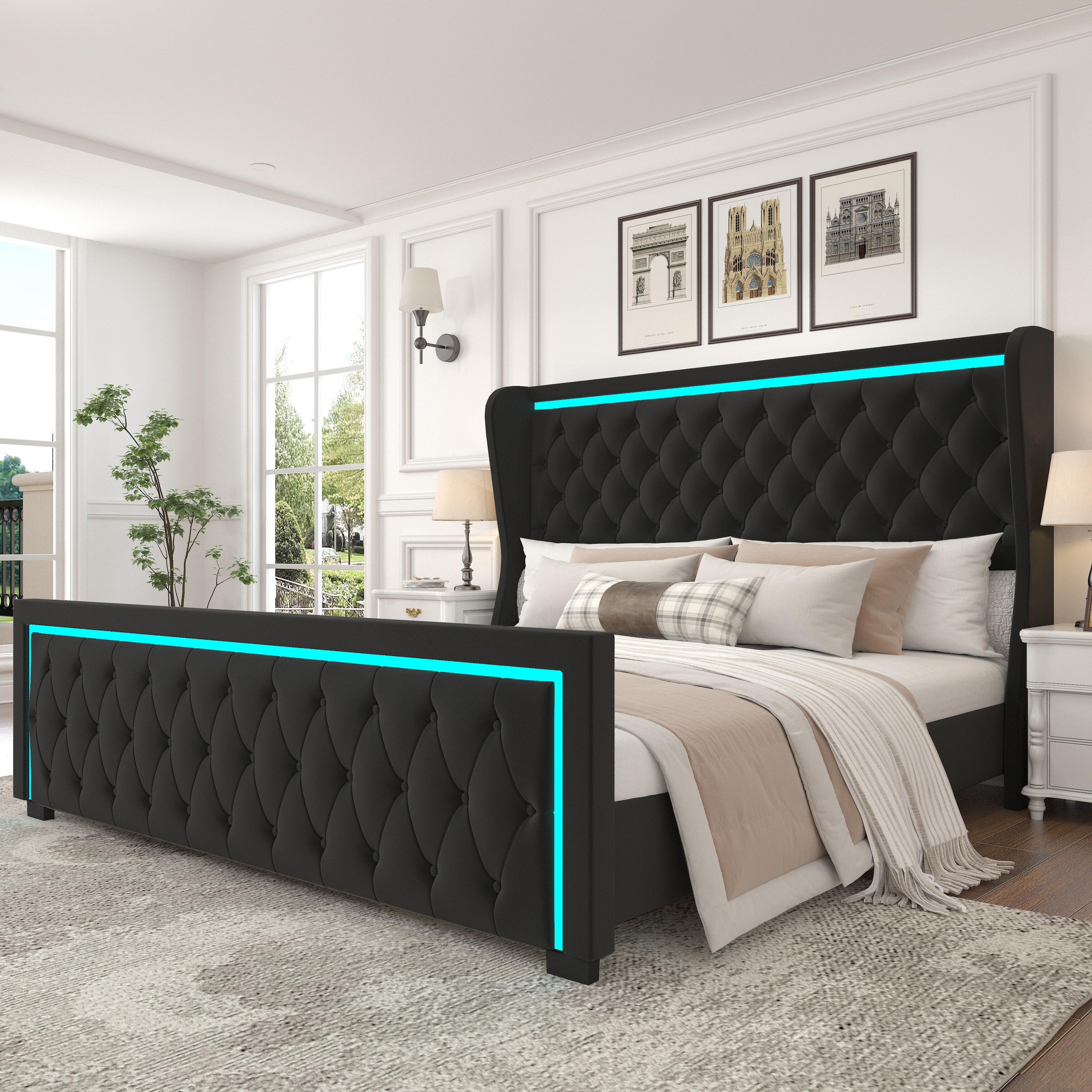 King Platform Bed Frame With High headboard Velvet Upholstered Bed Adjustable Colorful LED Light Wide Wingbacks