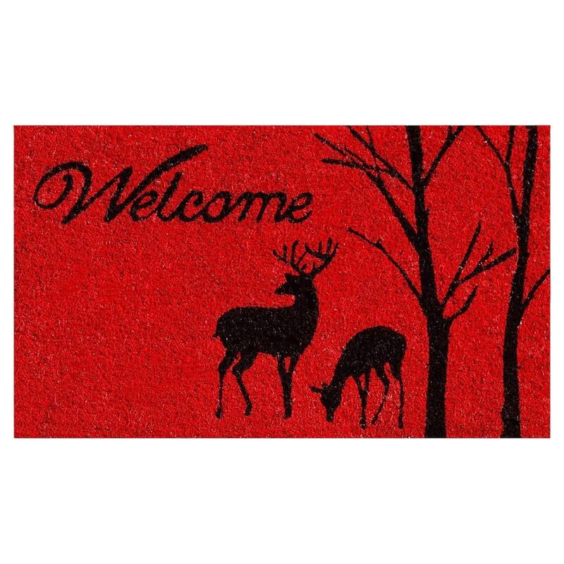 HomeRoots 17" X 29" Red And Black Christmas Deer Welcome Outdoor Coir Door Mat - 17.00' X '29.00