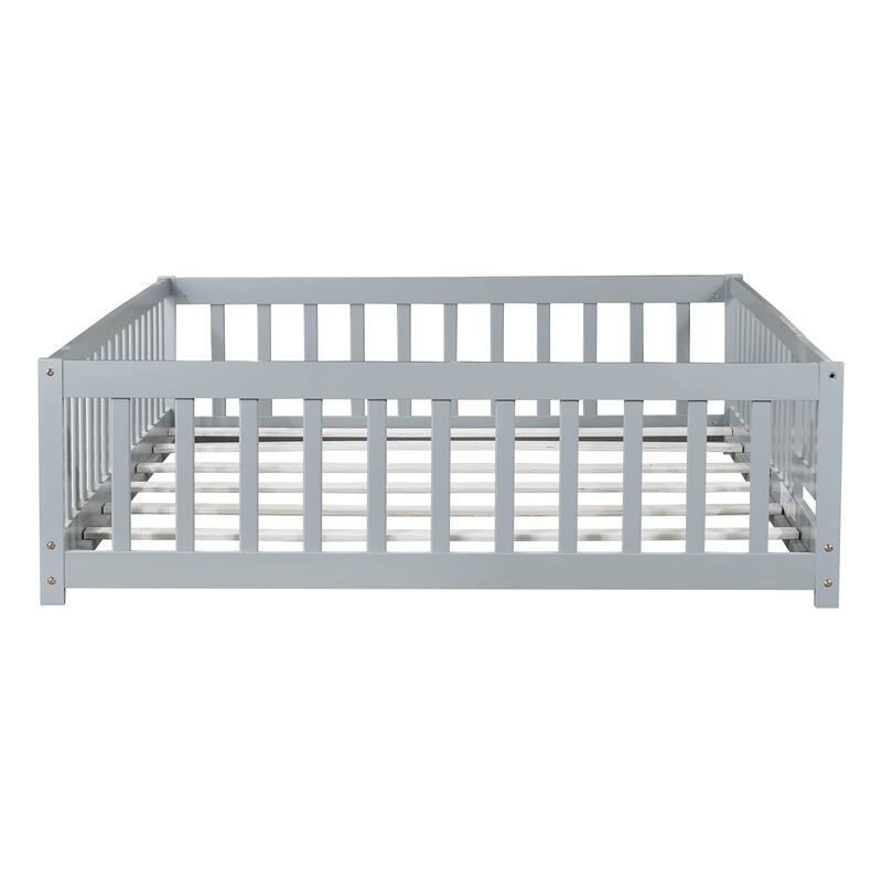 Wooden Floor Bed Frame with Slats Support, Twin Size Kids Floor Bed, Rubber Wood Twin Floor Bed Frame with Fence and Door