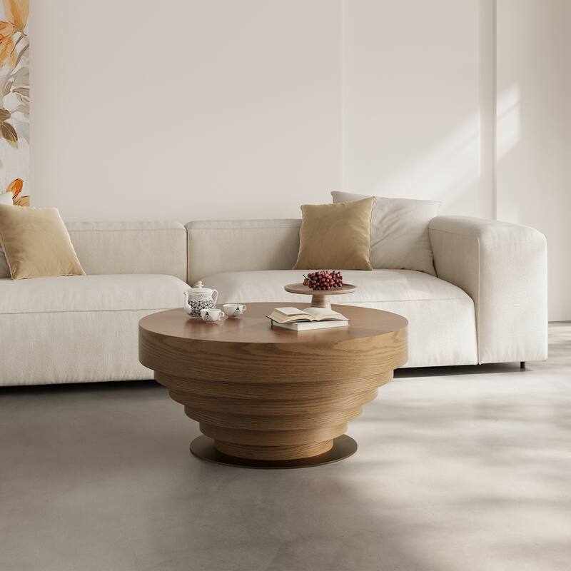 35.43" Mid Century Round Coffee Table, Brown Solid Wood Veneer,Not Assembled Need - Wood and Metal