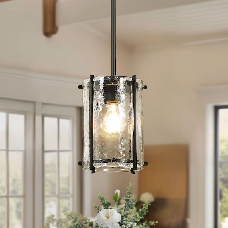 Modern Black 1-Light Pendant Light with Handmade Glass for Kitchen Island - Dia. 6.7" x H 9.1"