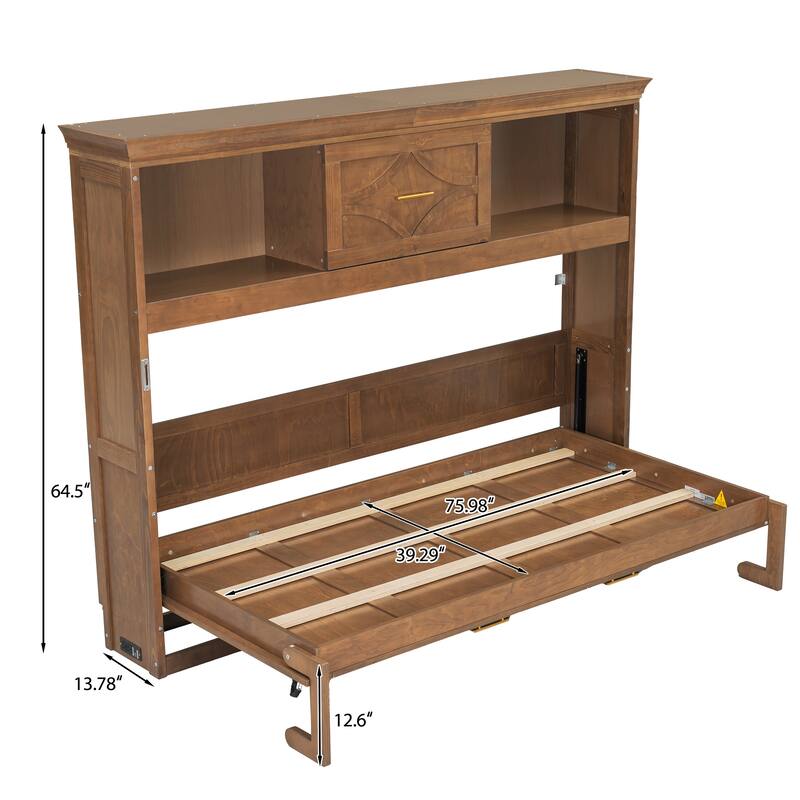 Twin Size Murphy Bed with Charging Station, Drawer, and Storage Cabinets, Wood Finish