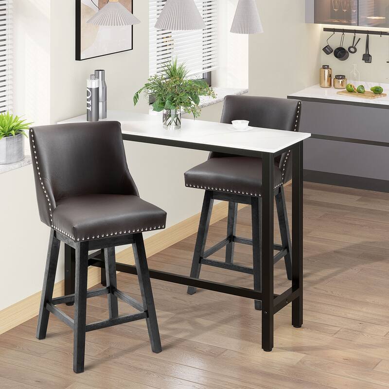 Set of 2 PU Leather Swivel Bar Stools with Nailhead Trim and Wood Legs Bed Bath & Beyond