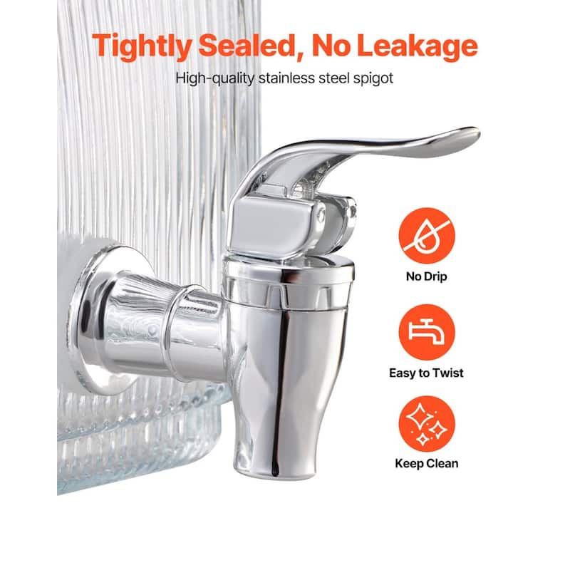 Transparent Glass Single Cylinder Beverage Dispenser with No Drip Spigot and Lid - 7.09 x 7.09 x 5.9 in