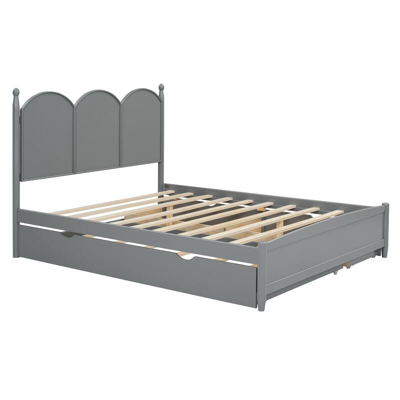 Queen Size Bed Frame with Twin XL Size Trundle and 2 Big Drawers, Wooden Platform Bed with Headboard and Slats Support