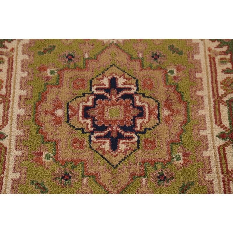 Green Geometric Heriz Serapi Indian Runner Rug Handmade Wool Carpet - 2'6" x 8'1"