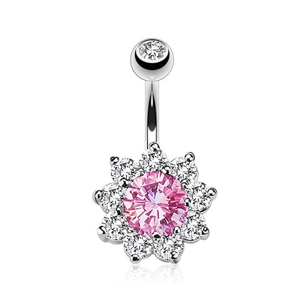 Flower Multi CZ Prong Set Navel Belly Button Ring 316L Surgical Steel