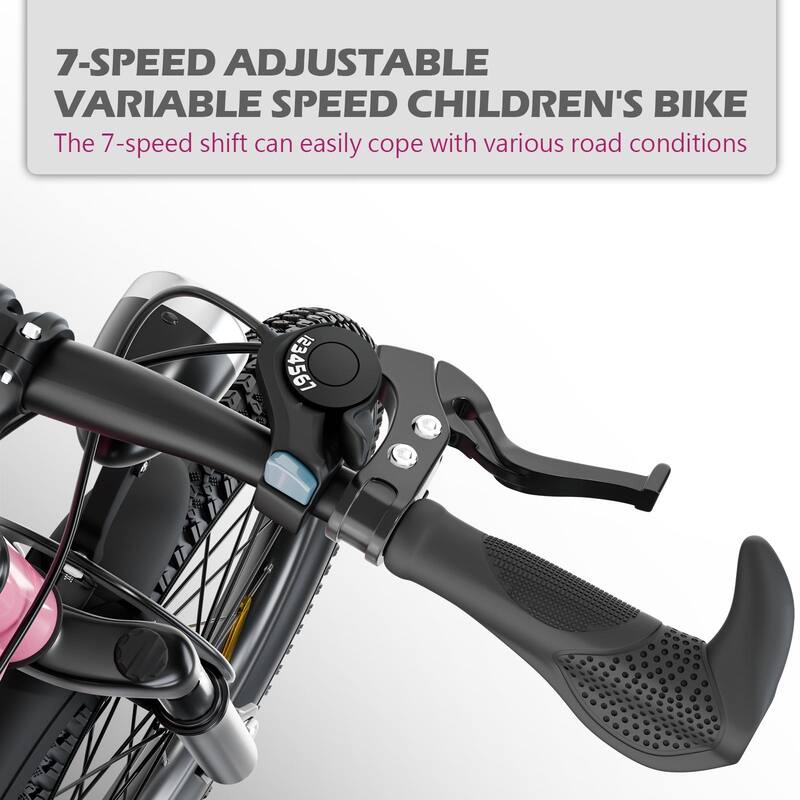 Kids' Mountain Bike - Shimano Gears, Dual Disc Brakes, Suspension Fork, LED Light, Silver & Pink - 20