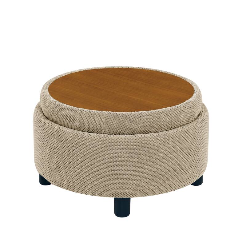 25"Round Storage Ottoman with Tray,ModernTufted Fabric Circle Coffee Table with Storage,Upholstered Ottoman with Removable Top