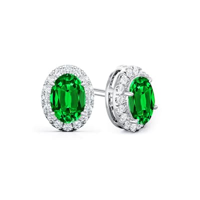 Auriya 14k Gold Lab Grown Gemstone Green Emerald Stud Earrings Oval 0.25 to 5.00 ct. tw. Halo Push-Back