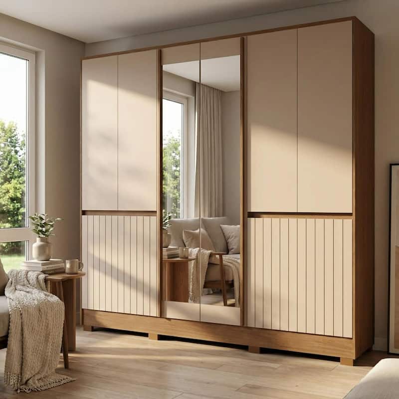 Meble Furniture Alaska 85-Inch Large Bedroom Wardrobe Armoire with Mirror, Drawers and Shelves, Oak/Fendi Two-Tone Finish