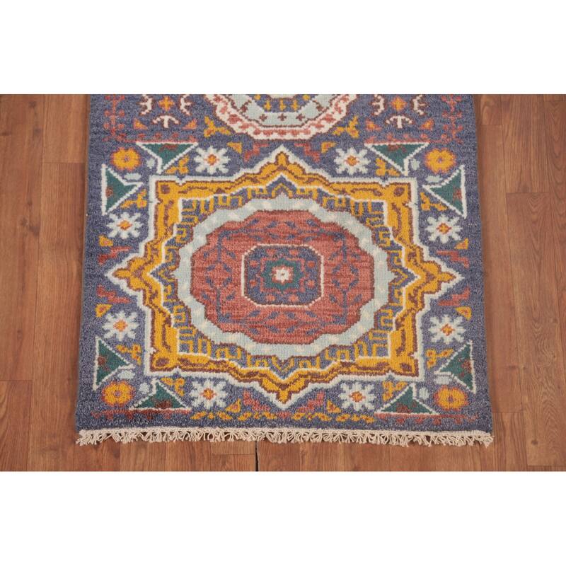 Geometric Blue Kazak Runner Rug Hand-Knotted Wool Carpet - 2'7"x 7'11"