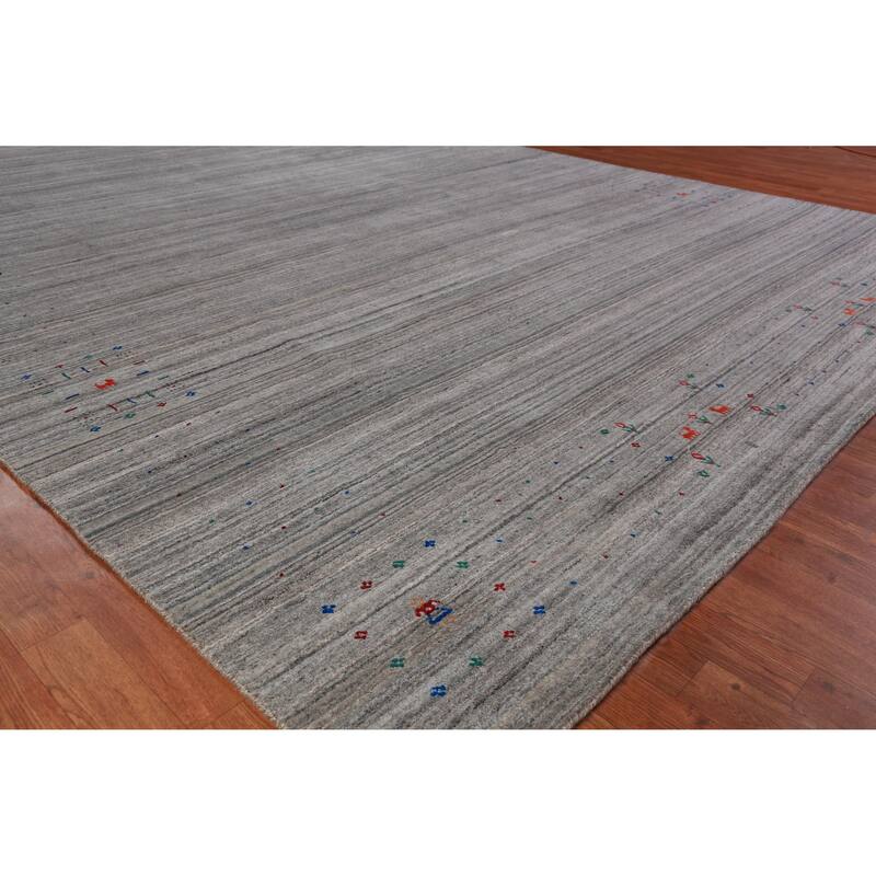 Hand Knotted Oriental 100% Wool Carpet Tribal Stripe Greys & Charcoal Gabbeh Area Rug - 12' 0'' X 9' 0''