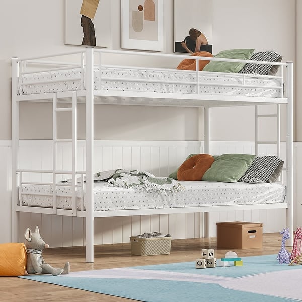 slide 2 of 38, Bunk Bed Metal Twin Size Bunk Beds Frame with Ladder & Full-Length Guardrail Heavy Duty Sturdy 2 in 1 Convertible Bunk Bed White - Twin