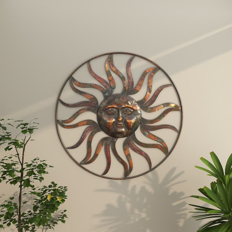 Brown Metal Indoor Outdoor Sun Home Wall Decor with Colorful Painted Accents