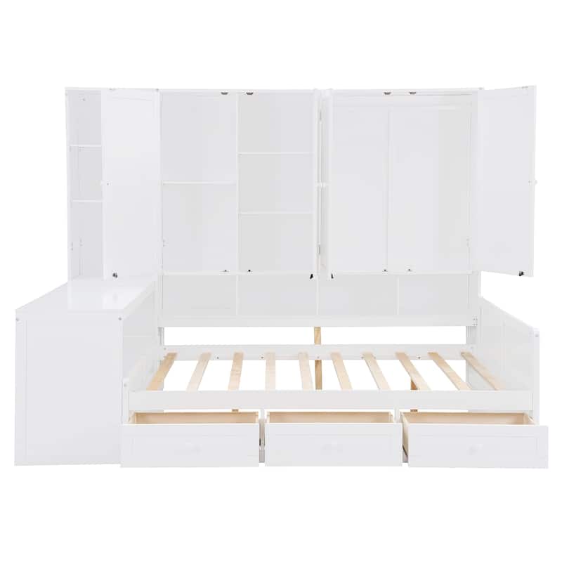 Full Size Daybed with Built-In Desk and Storage,4 Shelves, 2 Cabinets and 3 Drawers