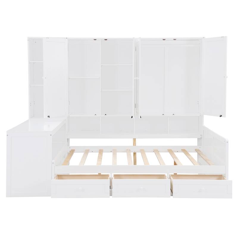 Versatile Full Size Daybed With Desk & Shelves, Space-Saving Wooden Storage Platform Frame with 3 Drawers and All-in-One Cabinet