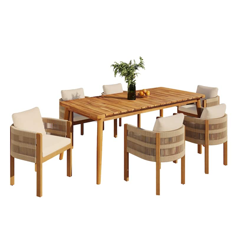 Christopher Knight Home - Kestrel Acacia Outdoor 7 Piece Dining Set with Slatted Tabletop and Washable Cushions
