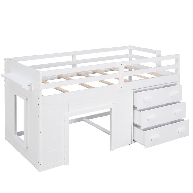 Compact Twin Loft Bed with Cabinet, Shelf, and Storage Drawers in White, Gray, or Espresso
