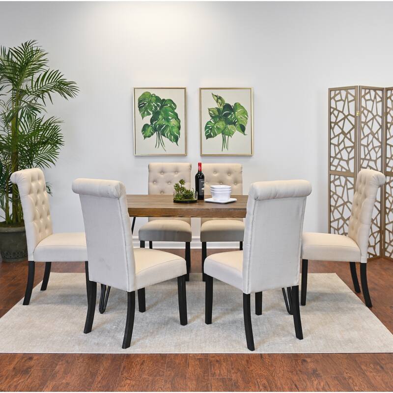 7 Piece Dining Table Set for 6, Kitchen Metal Table Cushion Chairs Set with 6 High Back Button-Tufted Chairs, for Apartment