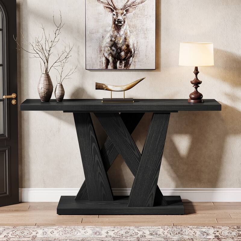 55'' Farmhouse Console Table, Wood Entryway Table with Geometric Base