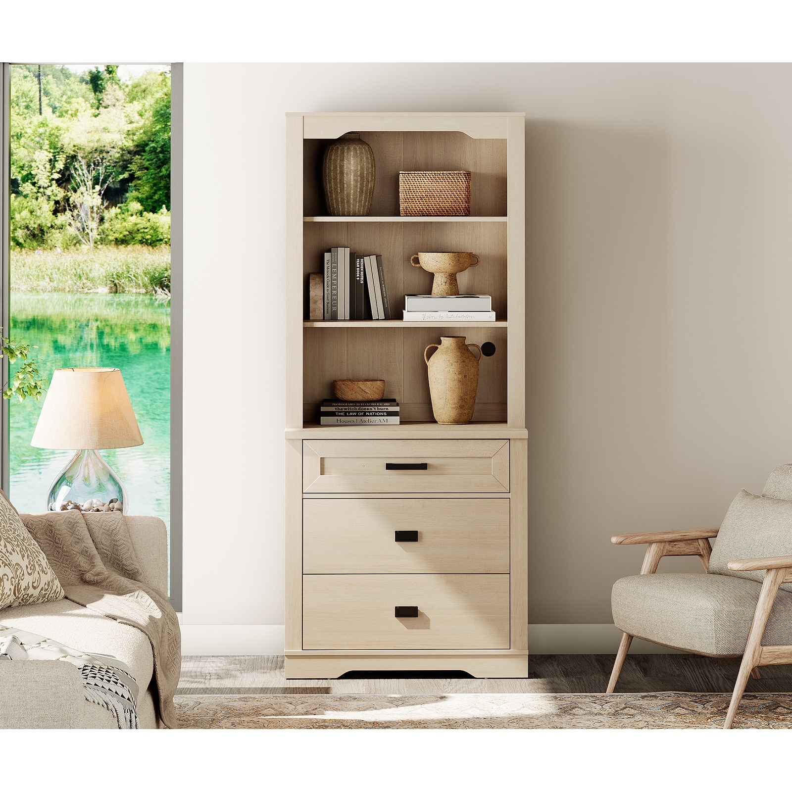 3 Tier Bookcase with Drawer,73.3" Tall Floor Standing Bookshelf