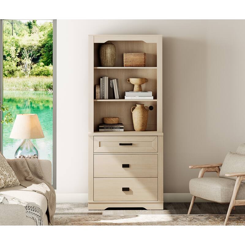 3 Tier Bookcase with Drawer,73.3" Tall Floor Standing Bookshelf - 31.5" - Light Oak