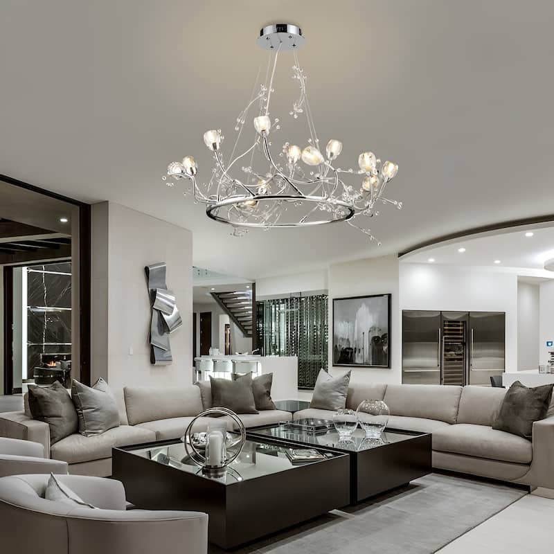12 - Light Crystal Round Rose Flowers Tree Like Chandelier - Chome