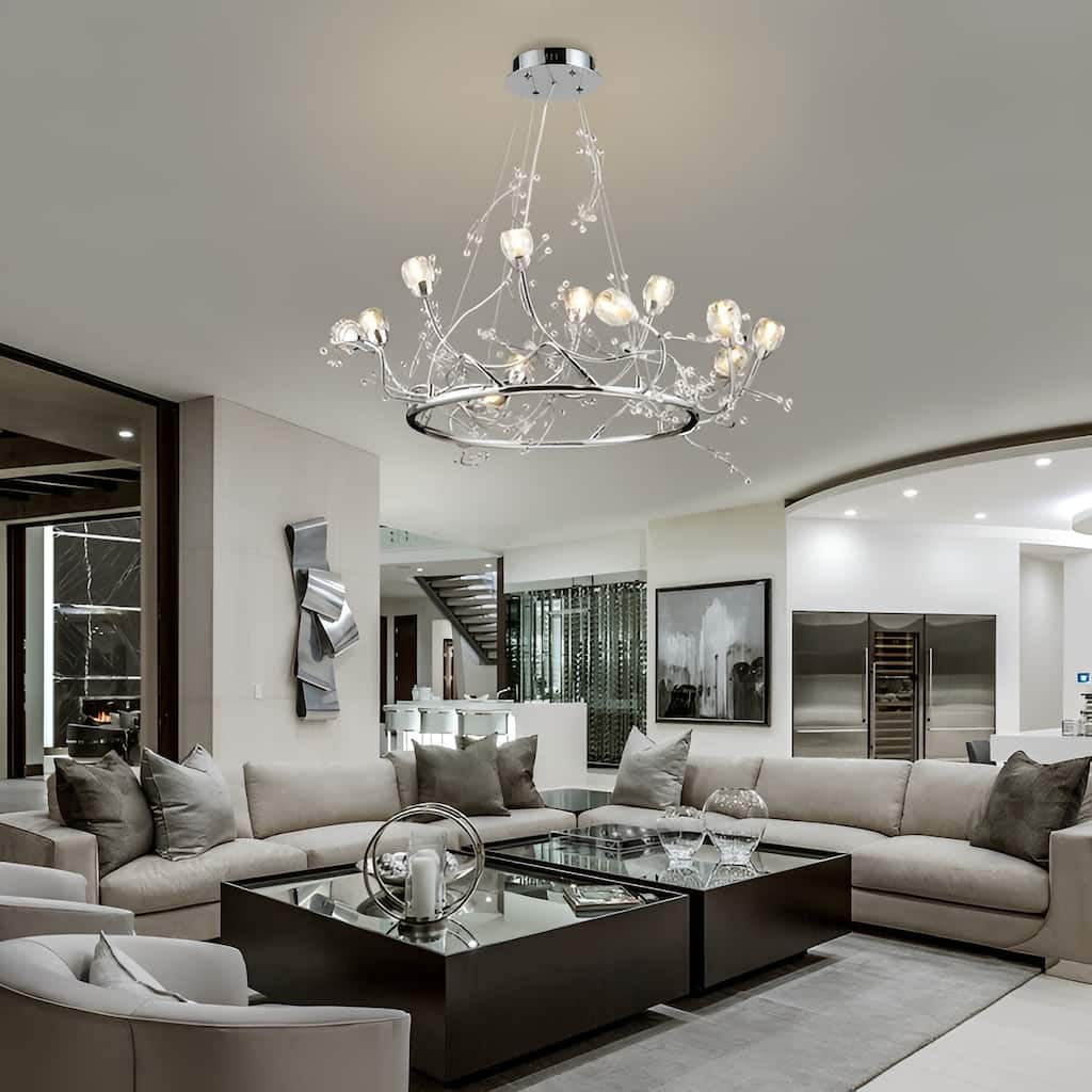 12 - Light Crystal Round Rose Flowers Tree Like Chandelier - Chome