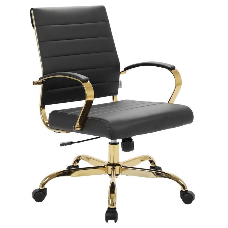 Benmar Mid-Back Leather Office Desk Chair in Gold Stainless Steel Frame Adjustable Height Tilt Lock 360 Swivel Ergonomic Chair - Black