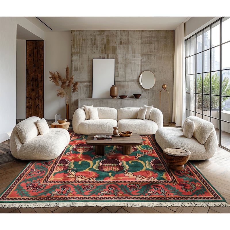 7'9''x9'10'' Hand Knotted Wool Teal-Green Arts & Crafts Boho Plush Pile Rug - 7' 9'' x 9' 10'' - 7' 9'' x 9' 10''