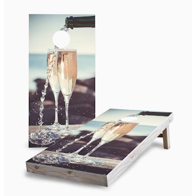 Champagne Pour on the Beach Corn Hole Board Set w Case & Lights