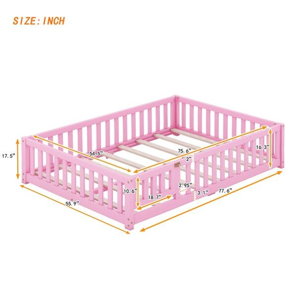 dimension image slide 1 of 3, Full Size Kids Floor Bed with Guardrails and Door