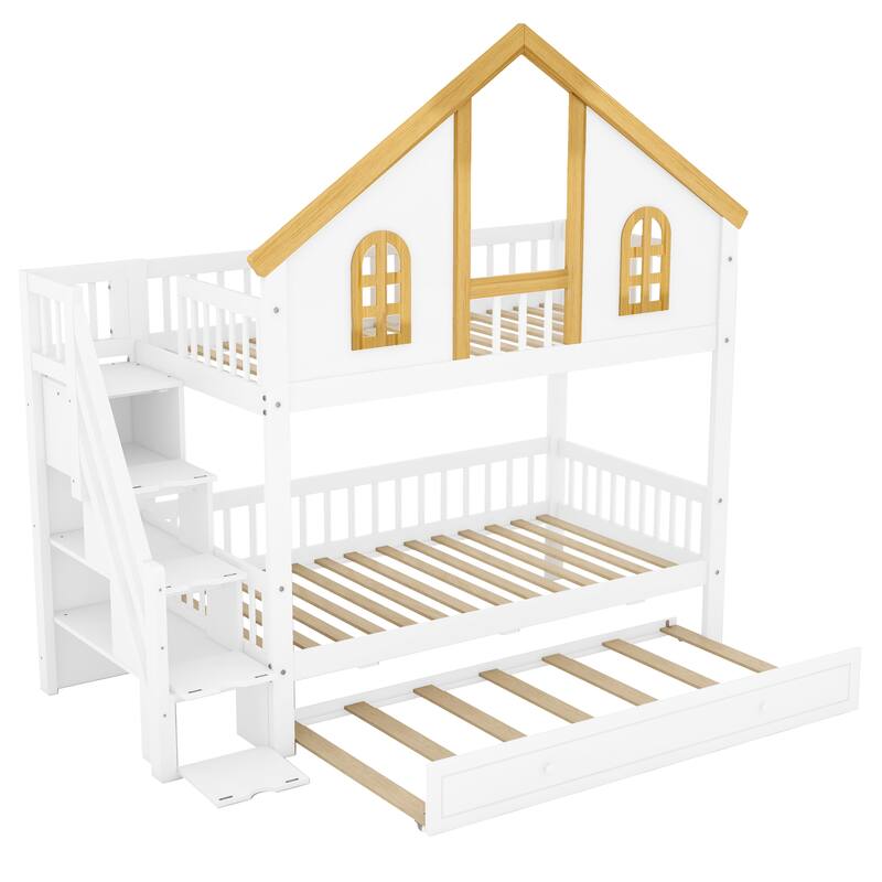 Roomfitters Twin Over Twin/Full Over Full House Bunk Bed with Trundle, Storage Staircase and Roof, White and Natural