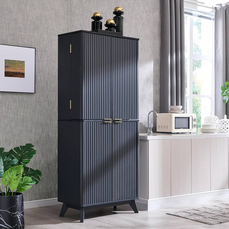 Fluted Pantry Storage Cabinet, Spacious Dual-Zone Wood Organizer