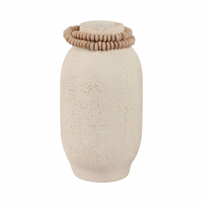 Pottery Mango Wood Vase Textured Surface and Removable Beaded Accent