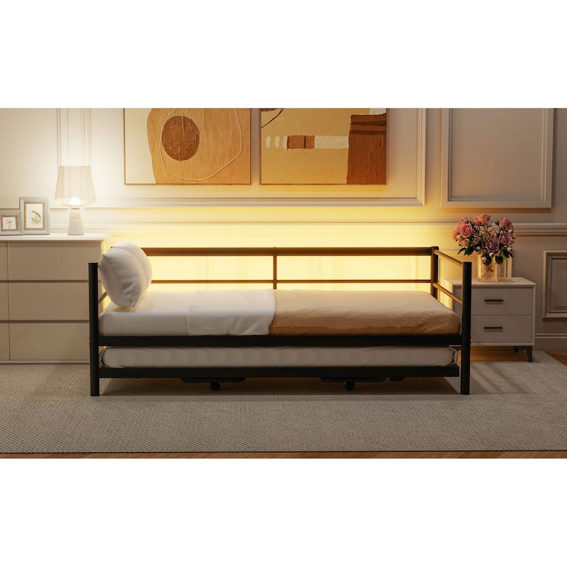 Twin Size Metal Daybed with LED Lights, Adjustable Pop-Up Trundle, Black