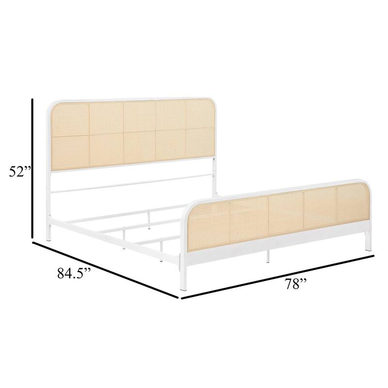 Lanie King Bed with Brown Open Cane Webbing Faux Rattan, White Metal