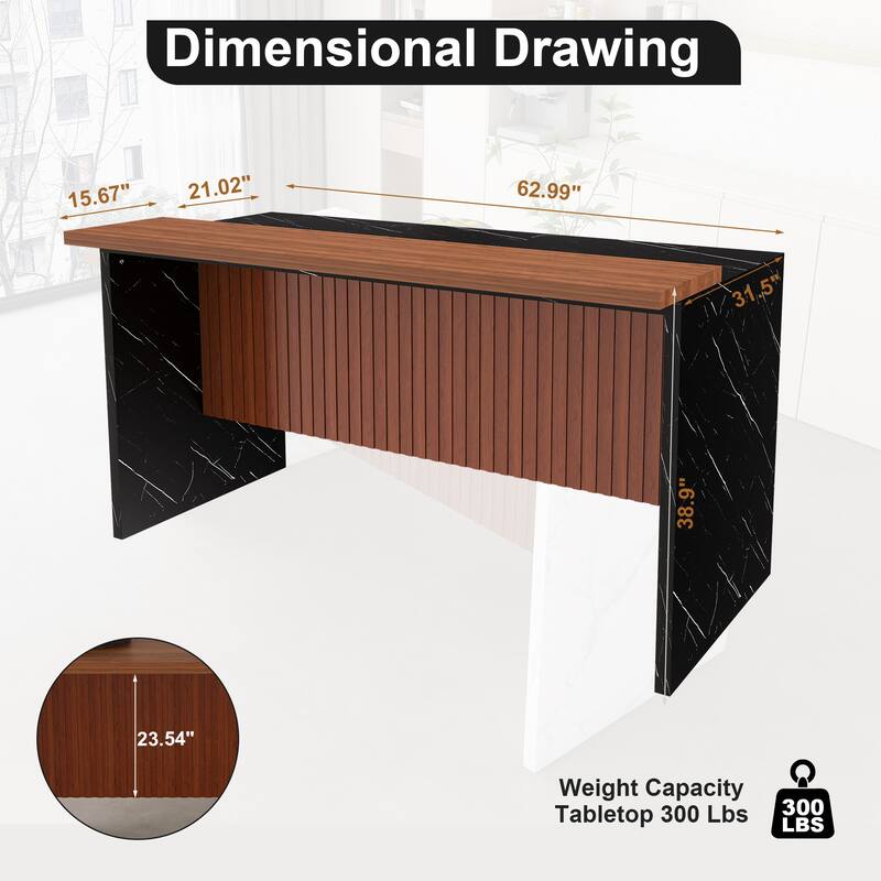 63" Kitchen Island with Marble Look Surface, LED Lights & Grille Design