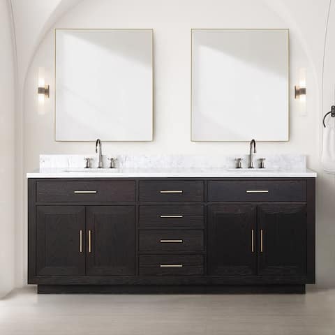 Lexora Abbey Bath Vanity, Carrara Marble Top, Faucet Set, and Mirror