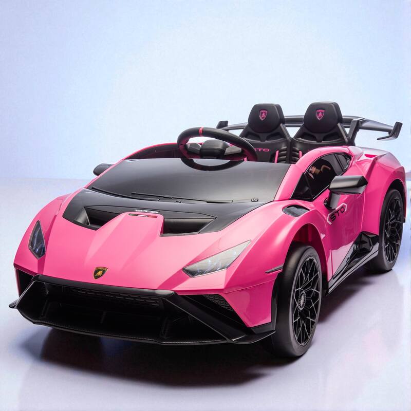 Lamborghini Huracan STO 24V Kids Ride-On Drift Car with LED Lights, 360° Spins, Music, and Remote Control - Pink