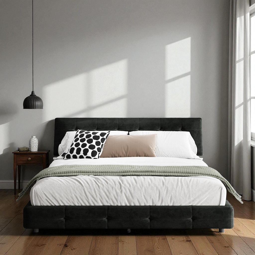 Queen/King Size Upholstered Bed with Oversized Cloud Tufted Headboard, Chenille Platform Bed Frame with Metal & Wood Slats