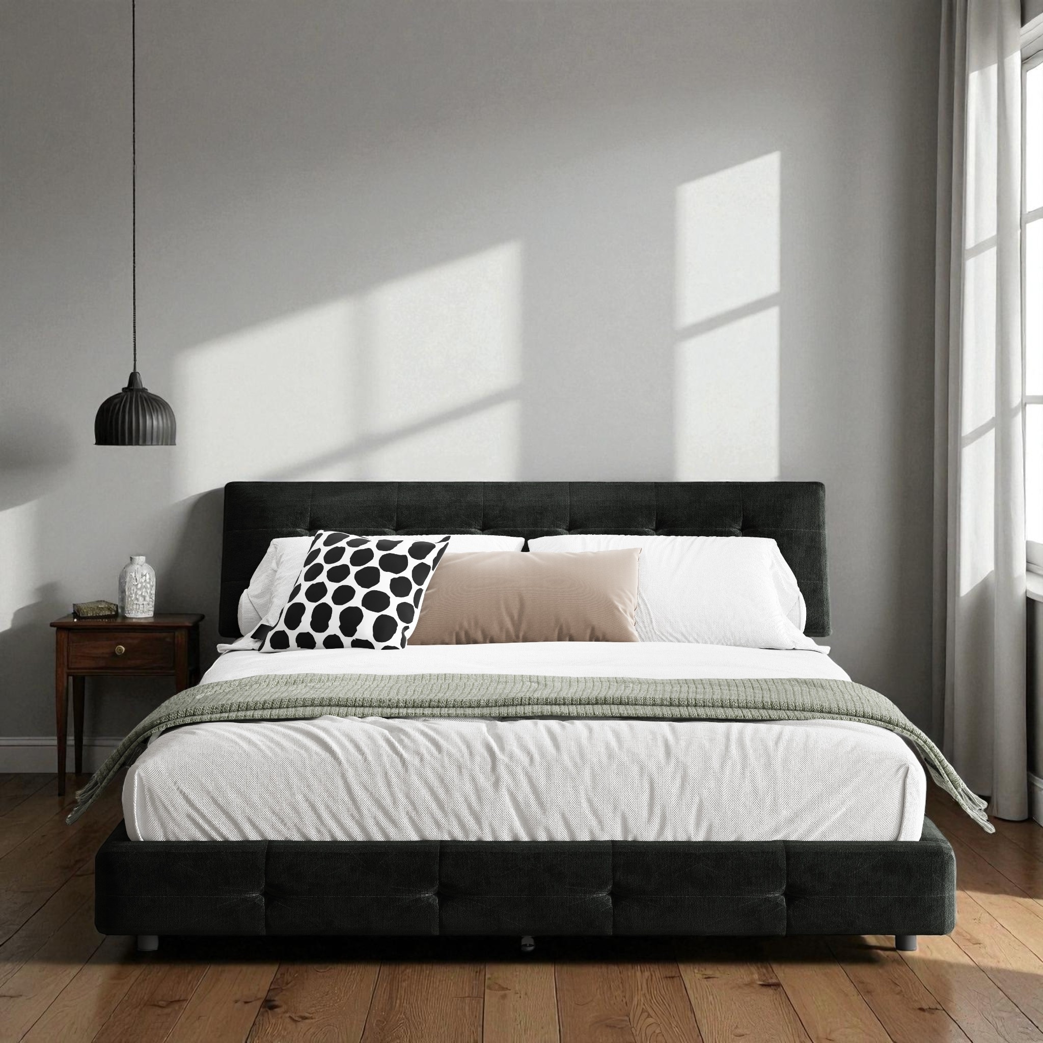 Queen/King Size Upholstered Bed with Oversized Cloud Tufted Headboard, Chenille Platform Bed Frame with Metal & Wood Slats